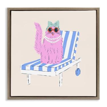 Imagem de Stupell Industries Cadeira de sala de estar rosa gato marrom moldura flutuante arte de parede design por Krissy Mast, 63 x 63 cm