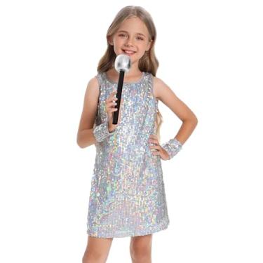 Imagem de Happy Cherry Vestido feminino de lantejoulas brilhantes sem mangas, vestido de princesa, conjunto de roupa de festa com pulseiras, microfone adereço 5-13, Prata, 10-11 Anos