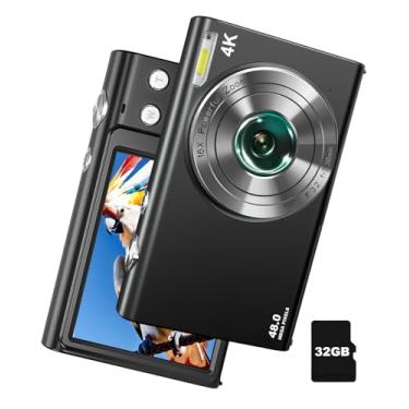 Imagem de Câmera digital 4K para fotografia e vídeo, foco automático, antivibração, zoom 16x, câmera de 48 MP para adolescentes e adultos iniciantes com cartão de 32 GB, 2 baterias, carregador (preto)