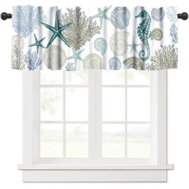 Imagem de Cortina de janela náutica costeira sanefa, vintage praia náutica estrela-do-mar azul verão oceano tropical colorido coral janela tratamentos sanefa para casa de fazenda, quarto, sala de estar, cozinha