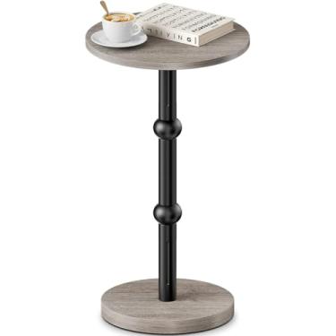 Imagem de Yuede Mesa de bebida, pequena mesa lateral redonda para espaços pequenos, mesas de canto redondas com detalhes modernos com perna de metal, mesas de centro com pedestal de madeira espessa para sala de