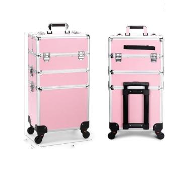 Imagem de SCIKHEFT Mala de maquiagem com rodinhas de 2 camadas, carrinho de trem cosmético grande profissional com rodas alumínio preto (3 camadas, rosa)