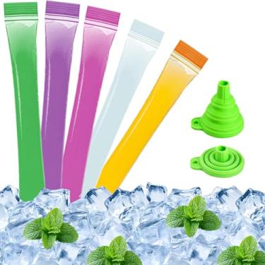 Imagem de 100 sacos de gelo para picolé com funis, sacos de gelo de plástico empilháveis transparentes multicoloridos, fácil de liberar, máquina de congelamento autovedante, adequado para fazer picolés de