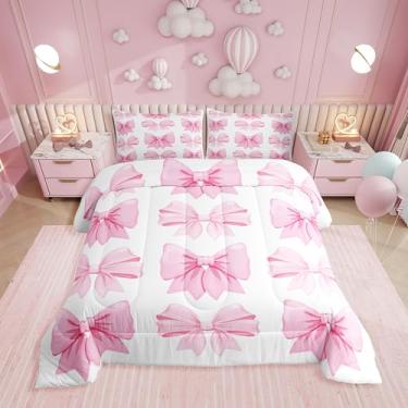 Imagem de Erosebridal Jogo de cama solteiro com laço rosa fofo para decoração de quarto, conjunto de edredom de princesa com laço rosa e branco, 1 fronha