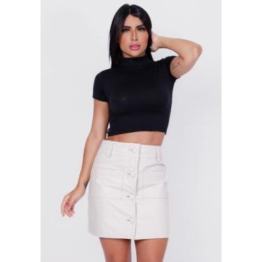 Imagem de Saia de Couro Curta com Botão Off White - Parra Couros, 38