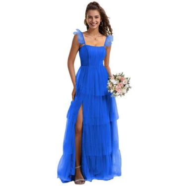 Imagem de Vestido de dama de honra LANGKAAO Plus Size Long Tule Azul 20w