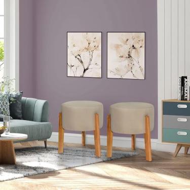 Imagem de Kit 2 Puffs Decorativos em Linho Bege | Modelo Thor com Pés de Madeira - Kazza Shop