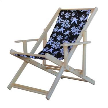 Imagem de Espreguiçadeira Madeira Maciça Dobrável Piscina ou Varanda – Com Braço, Natural (Folhas Preto e Branco)
