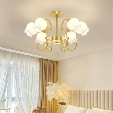 Imagem de Luminária Pendente Flor Pastoral Americana Lâmpada Pendente Moderna De Luxo Para Sala De Estar, Sala De Jantar, Quarto, Casa De Campo, Lustre De LED (Gold B 6 Lights 1PCS)