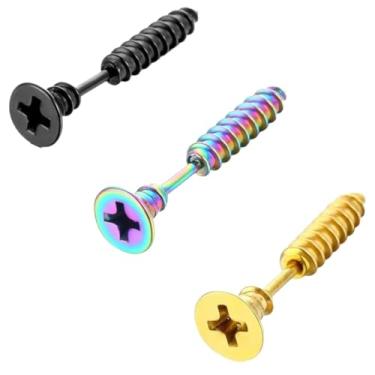 Imagem de Pacote com 3 brincos unissex de aço inoxidável, dourado, preto, prata, azul, arco-íris, rosa, verde, roxo, joias de rock exclusivas, estilo popular moderno, Aço inoxidável, Sem pedra preciosa