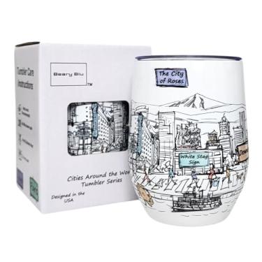 Imagem de Beary Blu Cidades ao redor do mundo Série de copos de 355 ml - Projetado nos EUA - Copo isolado a vácuo com tampas - Caneca de viagem de aço inoxidável para vinho e café, água, para bebida quente e