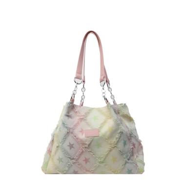 Imagem de Bolsas e bolsas transversais femininas com borlas rômbicas, bolsas femininas nas axilas de lona, bolsas de ombro, bolsas de ombro, Rosa jeans