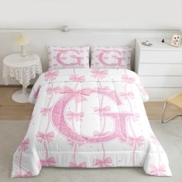 Imagem de Feelyou Conjunto de edredom com laço rosa, solteiro, letras individuais, G, para crianças, meninos, meninas, lindo, edredom com laço, rosa, branco, microfibra, 2 peças com 1 fronha
