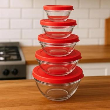 Imagem de Conjunto de 5 Potes Redondos de Vidro com Tampa Vermelha