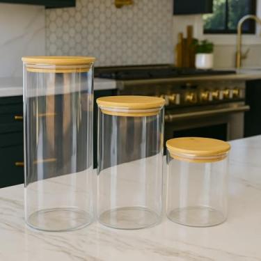 Imagem de Conjunto de Potes Herméticos em Vidro Borossilicato com Tampa de Bambu, Transparente, 3 Tamanhos