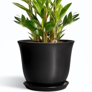 Imagem de SUNPOTFOR Vasos de cerâmica para plantas – Vaso de 25 cm com orifício de drenagem e bandeja, grande vaso redondo para interior e exterior, vasos de flores decorativos modernos, decoração de sala de