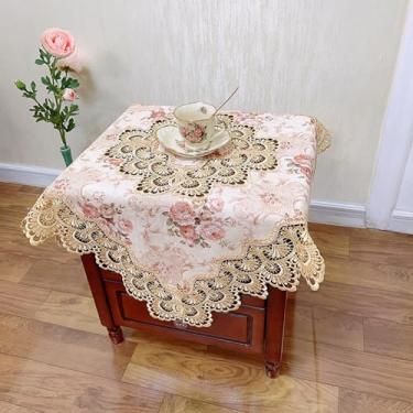 Imagem de Toalha de mesa quadrada de cabeceira, capa de mesa de cabeceira, toalha de mesa de renda de macramê, bordada, floral, pequena toalha de mesa de tecido de algodão de poliéster, decoração de topo de