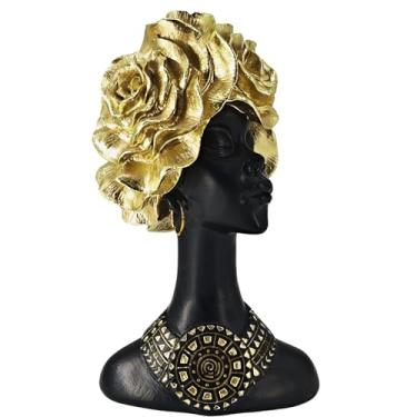 Imagem de NUOYI PIEIN Escultura decorativa de busto de arte africana, estatueta preta de resina com penteado rosa dourada, decoração de estátua de casa moderna para sala de estar, estante de livros, escritório