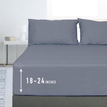 Imagem de Sunflower Lençol Queen, 1 lençol com elástico extra profundo 56 cm, 100% algodão, cetim, macio, respirável, azul pedra