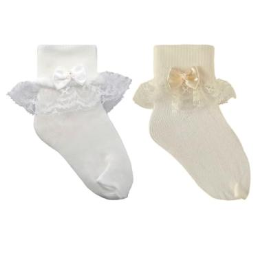 Imagem de Meia Soquete Infantil com Renda e Laço para Batizado e Festas Kit com 2 Pares Poliamida (Branco e Creme, 00)