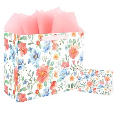 Imagem de ASYEHNR Bolsa de presente floral tamanho grande 33 cm floral rosa azul sálvia verde sálvia bolsa de presente com cartão de felicitações papel de seda para mulheres, meninas, aniversário, chá de bebê