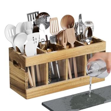 Imagem de Chloraeon Suporte de utensílios de madeira rústica acácia, suporte extra grande com base de pedra de secagem e 8 compartimentos, organizador de bancada de cozinha de fazenda