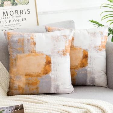 Imagem de Miuyunya Pacote com 2 capas decorativas de veludo macio 40,6 x 40,6 cm amarelo cinza veludo abstrato quadrado capa de almofada padrão moderno laranja elegante capa de almofada para sofá quarto carro