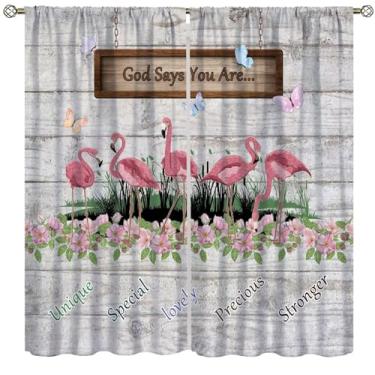 Imagem de Cortina de flamingo, verão praia folhas tropicais borboletas florais com citações inspiradoras estampadas bolso haste tratamentos de janela para quarto sala de estar 106,7 cm L x 114,3 cm C