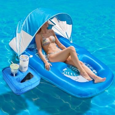 Imagem de Boia inflável para piscina com proteção solar UPF50+ e suporte de copo, 178 x 99 cm, boia de piscina extra grande coberta de tecido para adultos, cadeira reclinável de jangada para festa na piscina