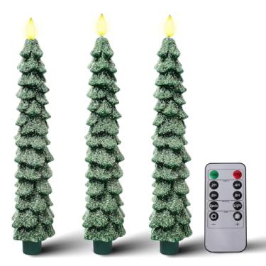 Imagem de KDVOG Pacote com 3 velas de árvore de Natal foscas com controle remoto, velas afuniladas de cera real de 24 cm, castiçais verdes de LED com chama cintilante 3D para presentes de Natal e Ano Novo