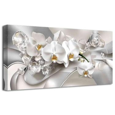 Imagem de ZXHYWYM Arte de parede com imagem de orquídea pintura de flores brancas abstrata borboleta orquídea impressões em tela arte zen moderna para sala de estar grande quarto escritório decoração (prata