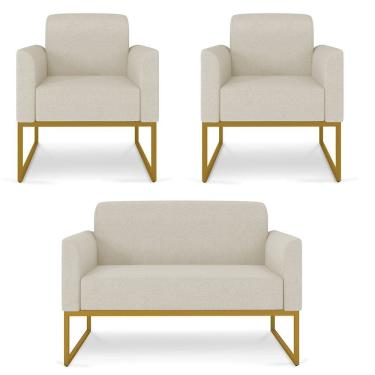 Imagem de Kit Namoradeira e 2 Poltronas Decorativas Base Industrial Dourada Maressa A19 Linho Grosso Bege - Ibiza
