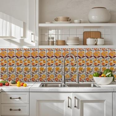 Imagem de CHGCRAFT 36 peças adesivos de parede 4 estilos flores laranjas descascar e colar adesivos de azulejo de parede arte flores à prova d'água adesivos adesivos em azulejo adesivos para cozinha banheiro