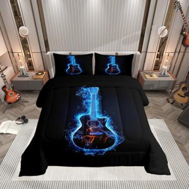 Imagem de Jogo de cama solteiro moderno de guitarra musical para crianças e adultos, conjunto de edredom hip hop rock, meninos e homens, azul neon brilhante, conjunto de colcha de 2 peças, inserção de edredom