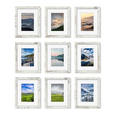 Imagem de YESKAY Conjunto de 9 porta-retratos 20 x 25 cm, exiba imagens 13 x 17 com tapete ou 20 x 25 sem tapete, várias molduras para montagem na parede ou exibição de mesa, branco envelhecido