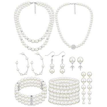 Imagem de BBTO Conjunto de 8 peças de colar e brincos de pérolas para mulheres, pulseiras de pérolas falsas, conjunto de bijuterias para presente de casamento, festa de aniversário, One Size, pérola artificial