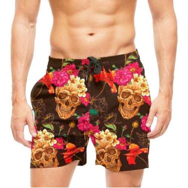 Imagem de Short De Praia Shorts Banho Mauricinho Caveira Rosas 14 - smoke, Preto