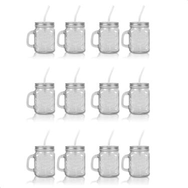 Imagem de Kit 12 Jarrinhas Canecas Retrô Vintage Vidro Tampa de Metal Canudo de Vidro Drink Barzinho Bartender Canudo 480ml