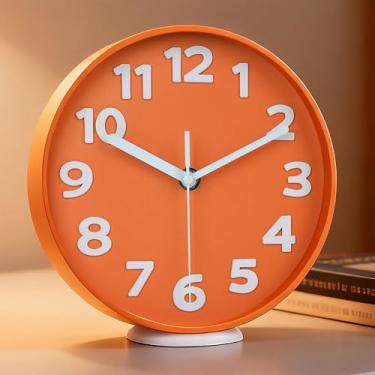 Imagem de 45MinST Relógio de parede moderno laranja de 20 cm – silencioso, sem tique-taque, números grandes 3D, cronometragem precisa | Relógio decorativo de parede e mesa com suporte para sala de estar, quarto
