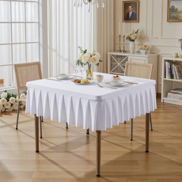 Imagem de Toalhas de mesa brancas de elastano para mesas quadradas de 86 x 86 cm, roupas de mesa elásticas com saia plissada com babados para mesa de 86 cm, sem rugas e elásticas, para festa, cozinha, casa