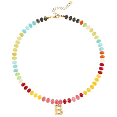 Imagem de Colares femininos com contas, colar de pedras preciosas naturais coloridas, pingente de letra inicial, boêmio, verão, praia, joias feitas à mão, presente (B)