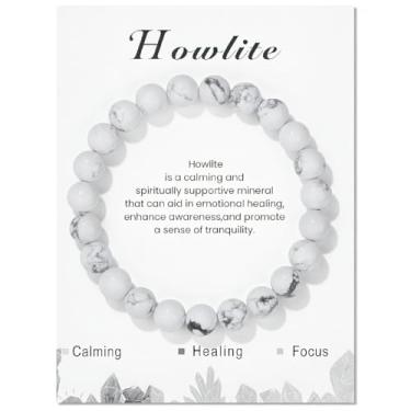 Imagem de Pulseiras elásticas com contas de howlita natural, presente feito à mão, presente para Natal, aniversário, dia das mães, saúde mental, presentes naturais para mulheres, namorado