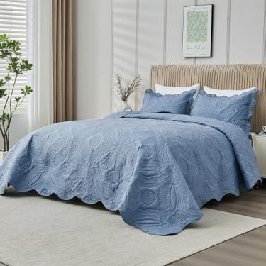 Imagem de Kingnex Colchas King extragrandes 128 x 120 para cama king extragrande ou cama king king ultra-sônica, conjunto de 3 peças, inclui 1 colcha, 2 fronhas, jeans desbotado