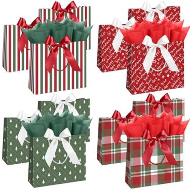 Imagem de Silkfly Pacote com 12 sacos modernos de presente de Natal com fitas e papel de seda elegantes sortidos, sacos de presente de Natal vermelhos e verdes, embrulho para presente de Natal, Ano Novo, 29 x