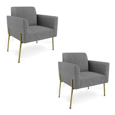 Imagem de Poltrona Pé De Ferro Dourado Para Escritório Kit 2 Marisa Linho D03 Grafite