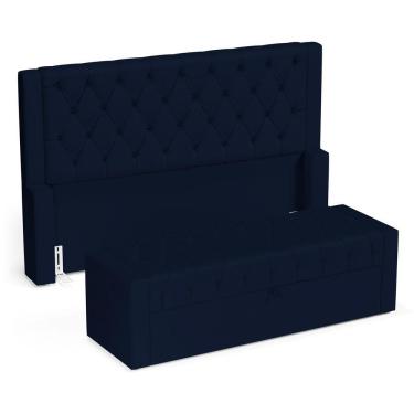 Imagem de Cabeceira E Calçadeira Báu Queen Size Atena 160cm Capitonê Suede Azul Marinho - Desk Design