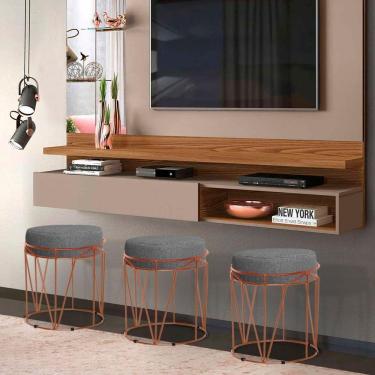 Imagem de Puff Aramado Babu Com Armação Bronze Estofado Em Linho