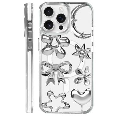 Imagem de MQJCYB Capa magnética para iPhone 15 Pro Max com design em base transparente, compatível com MagSafe, capa protetora fina de TPU macio para celular feminina e meninas, imitação de laço de flor de