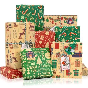 Imagem de Toptime Papel de embrulho de Natal, conjunto de papel de embrulho kraft com etiquetas, adesivos, fita, 6 folhas de embrulho de presente de Natal reciclado com árvore de natal de rena doce para