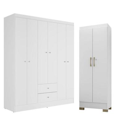 Imagem de Guarda Roupa Solteiro Versa 6 Portas Branco Rosa Flex Fosco Com Armário Multiuso Luna Branco Fosco - Kits Paraná